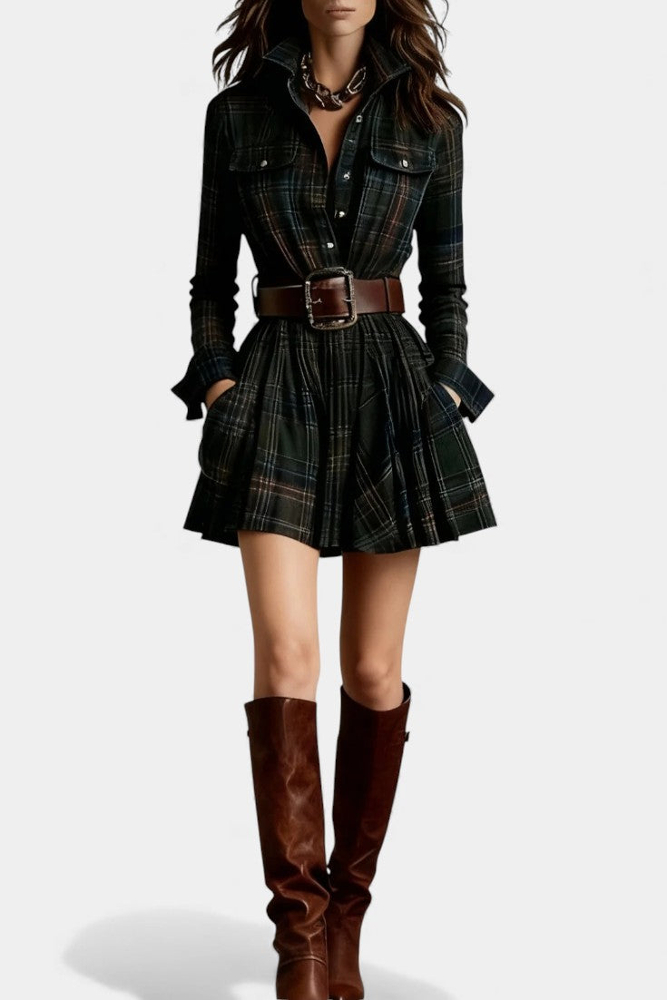 Bogdana Vintage-Inspired Mini Dress with Checkered Pattern and Belt