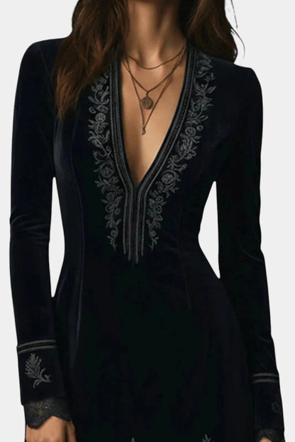 Pharélia Velvet Dress with Deep V-Neck and Embroidery