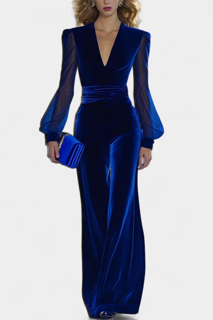 Clarène™ - V-Neck Velvet Jumpsuit with Long Sleeves