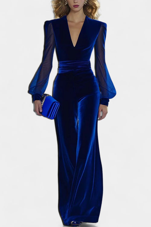 Clarène™ - V-Neck Velvet Jumpsuit with Long Sleeves
