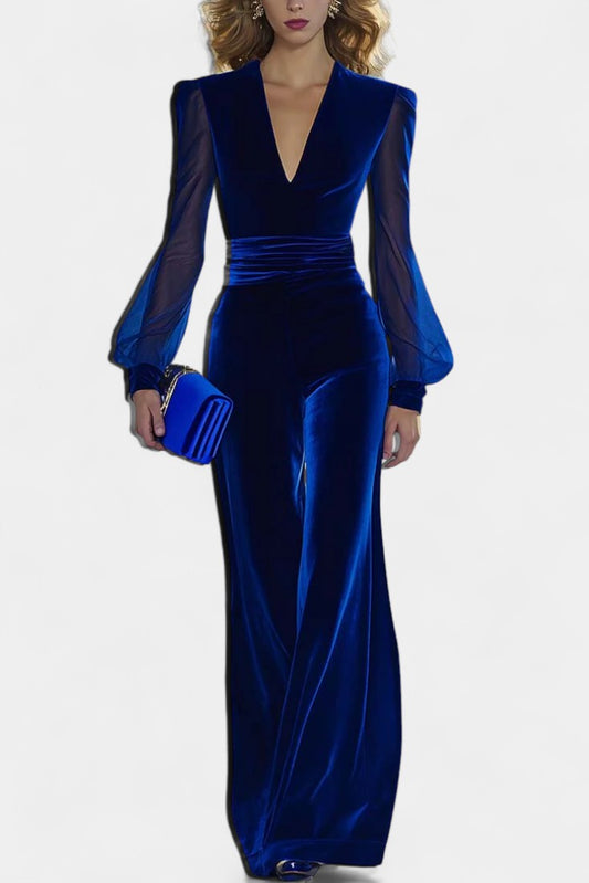 Clarène™ - V-Neck Velvet Jumpsuit with Long Sleeves