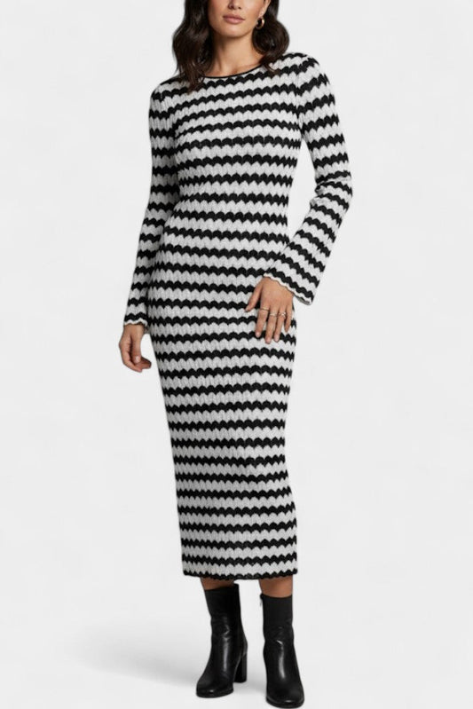 Ilaria One-Shoulder Long Knit Dress with Slit and Striped Design