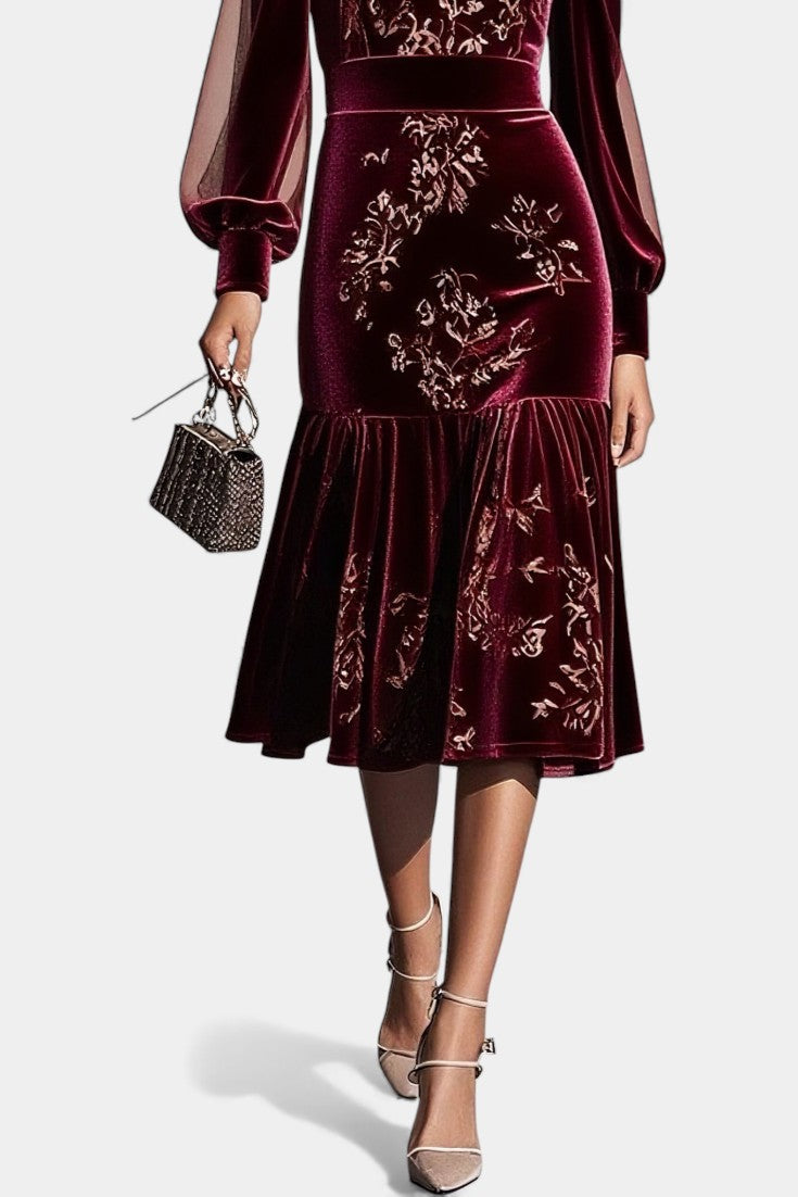 Mavluda Puff Sleeve Midi Mermaid Dress with Round Neck