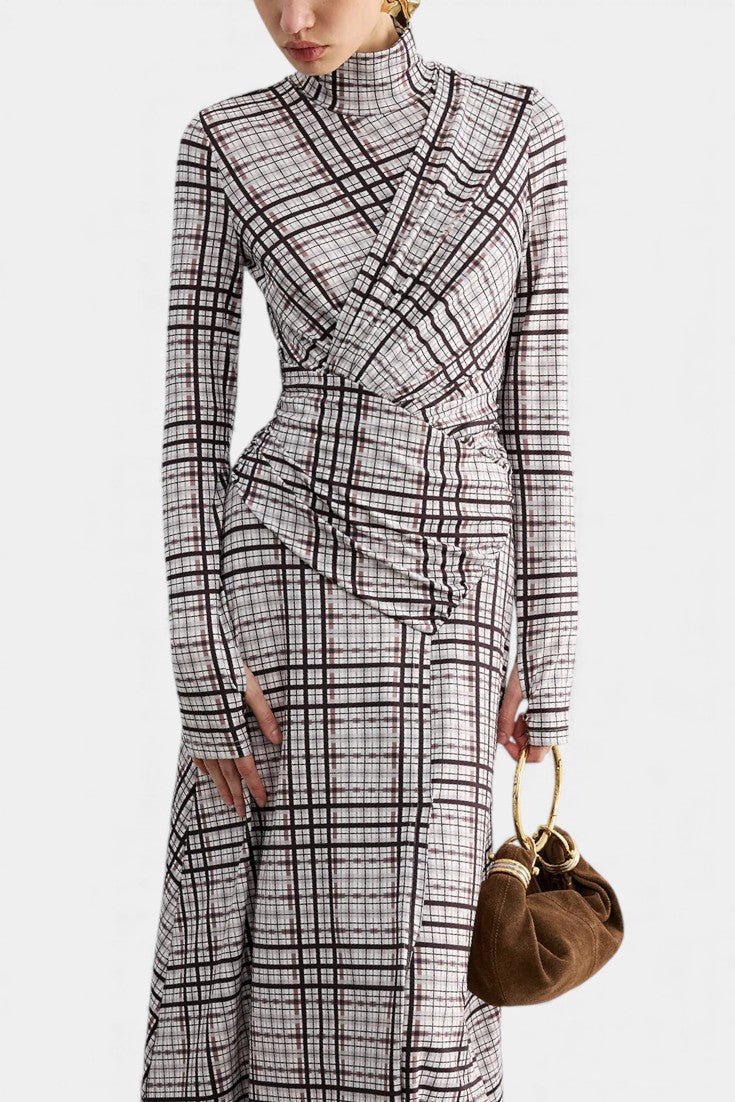 Checked Velleda Maxi Dress with High Collar and Long Sleeves