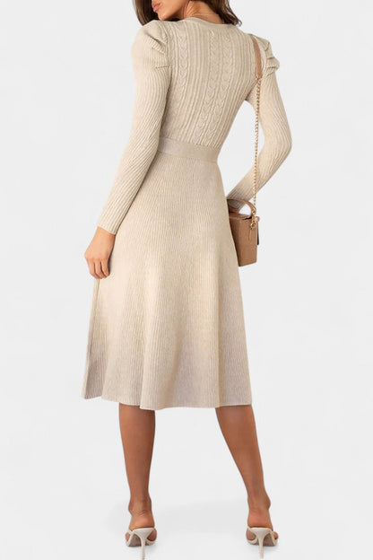 Évoria Puff Sleeve Midi Knit Dress with Lace Accents