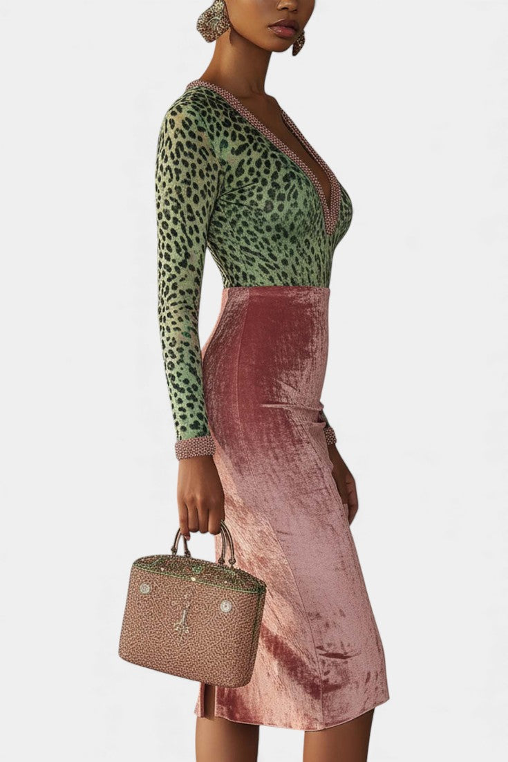 Bernarda Leopard Print Midi Bodycon Dress in Pink and Green Velvet