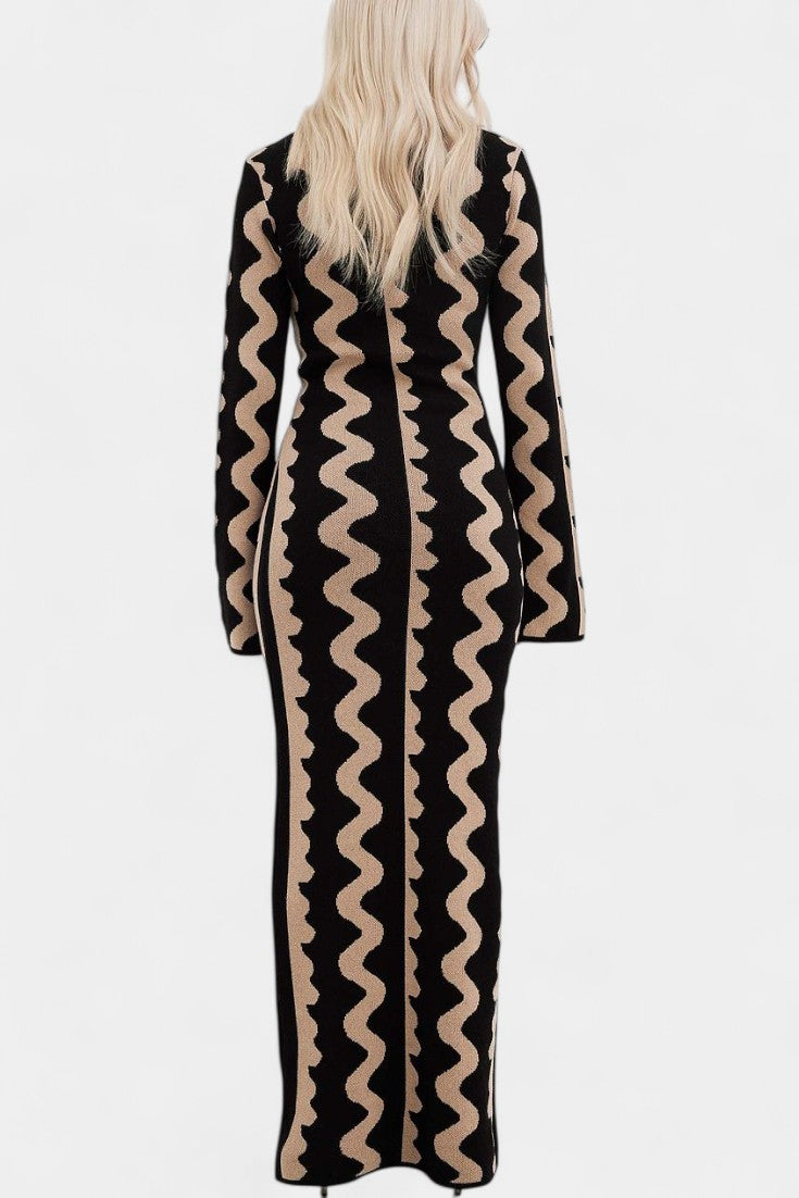 Maphie Long Sleeve Knit Dress with Geometric Pattern