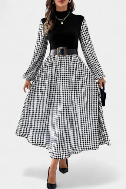 Houndstooth Midi Flared Dress with High Collar by Lauriane
