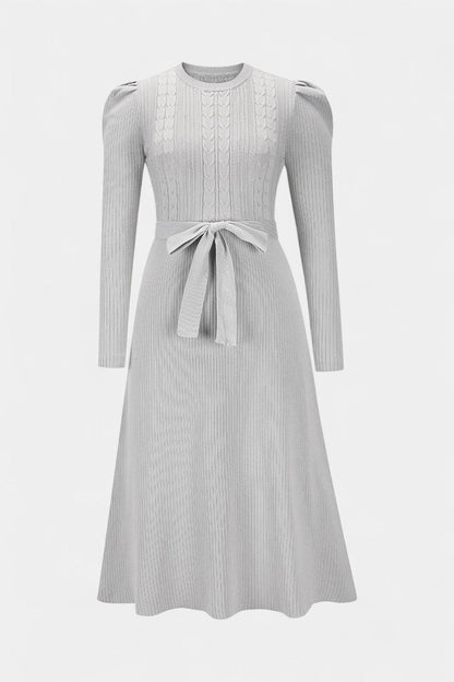 Évoria Puff Sleeve Midi Knit Dress with Lace Accents