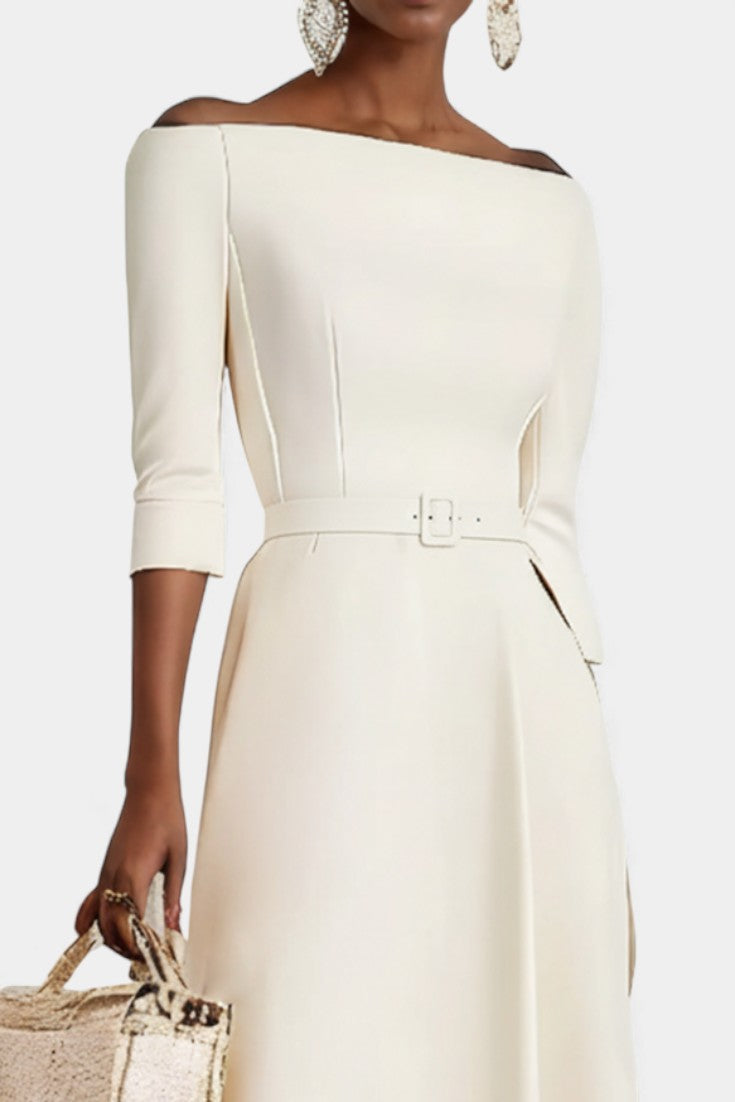Meriya Off-the-Shoulder Long Trapeze Dress with Short Sleeves