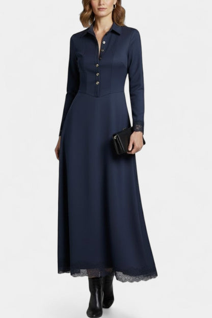 Suede Long Robe with Shirt Collar and Lace Details