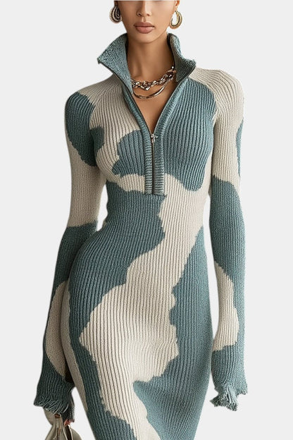 Kalinda Graphic Knit Midi Dress with Zip Collar