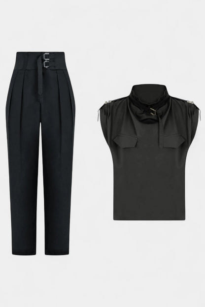Cassis™ - Ruffled Collar Belted Jumpsuit with Straight Cut