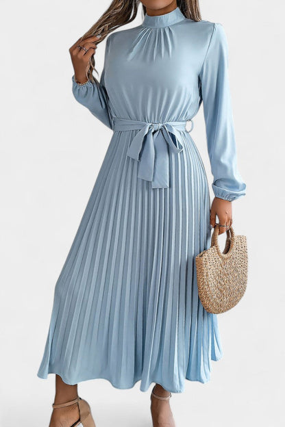Morgane Pleated Dress Featuring a High Gathered Collar and Tied Waist
