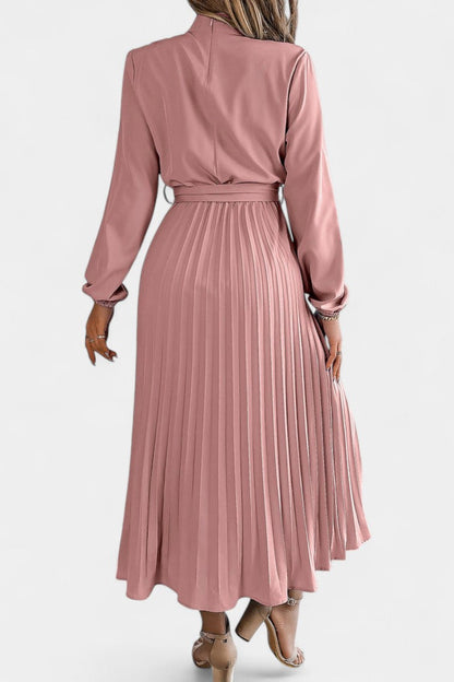 Morgane Pleated Dress Featuring a High Gathered Collar and Tied Waist