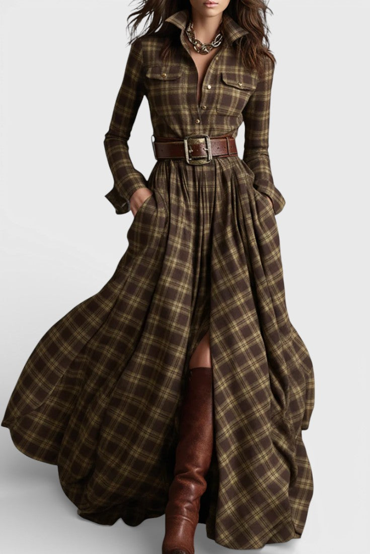 Eustellia Long Checkered Dress with Vintage Ethnic Flair