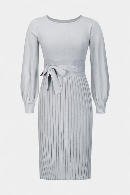 Chloéria Belted Midi Dress with Pleated Design and Ribbed Knit