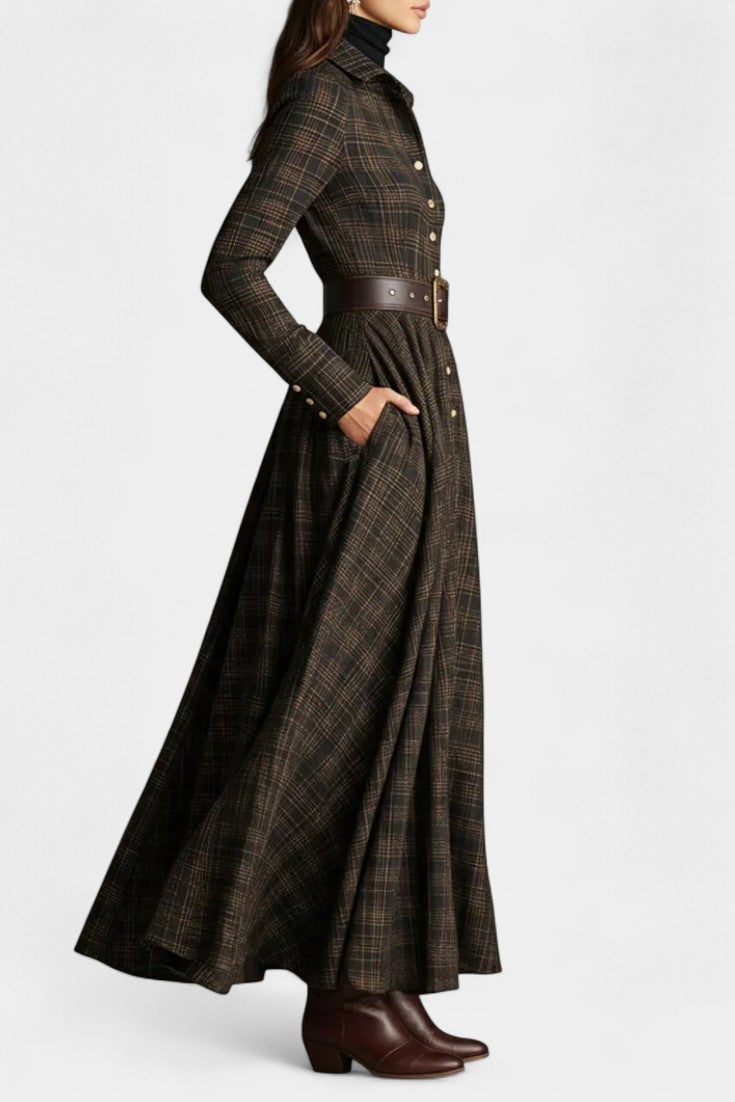 Brown and Black Plaid Long Shirt Dress by Aliette