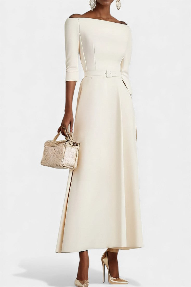 Meriya Off-the-Shoulder Long Trapeze Dress with Short Sleeves