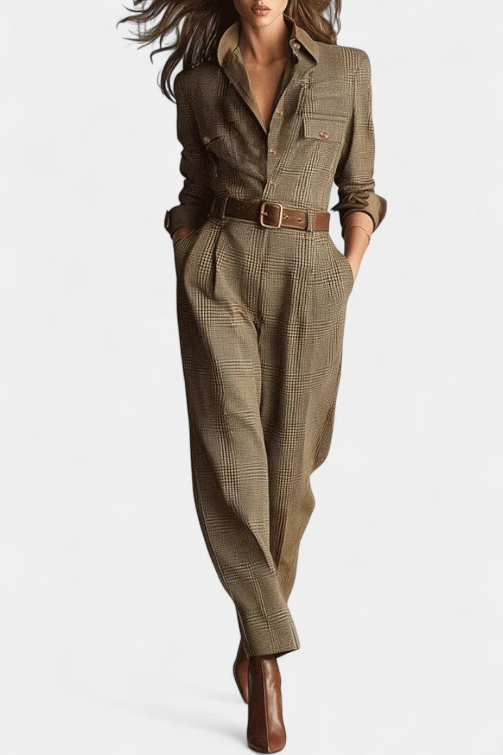 Cali™ - Brown Checkered Tweed Jumpsuit with Adjustable Belt