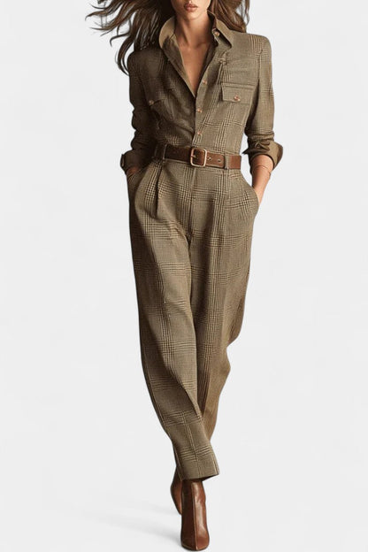 Cali™ - Brown Checkered Tweed Jumpsuit with Adjustable Belt