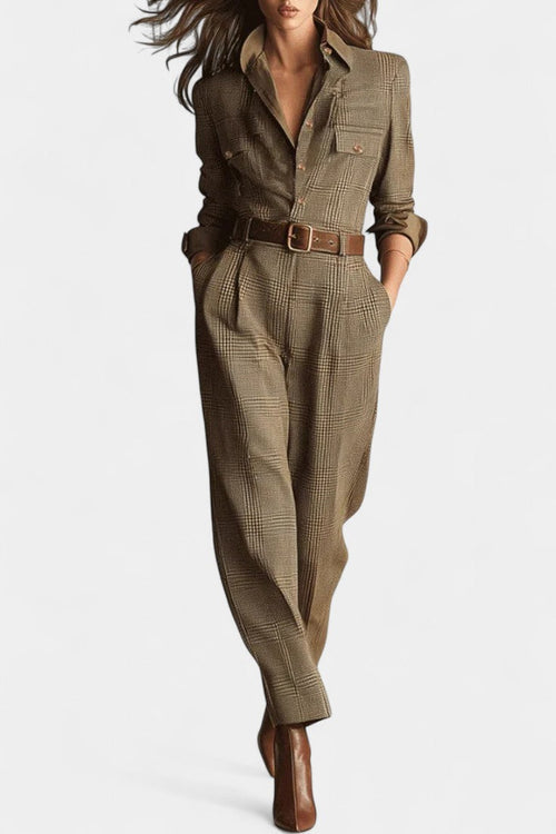 Cali™ - Brown Checkered Tweed Jumpsuit with Adjustable Belt