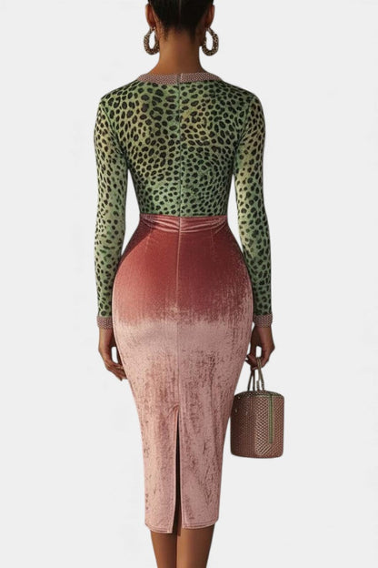 Bernarda Leopard Print Midi Bodycon Dress in Pink and Green Velvet