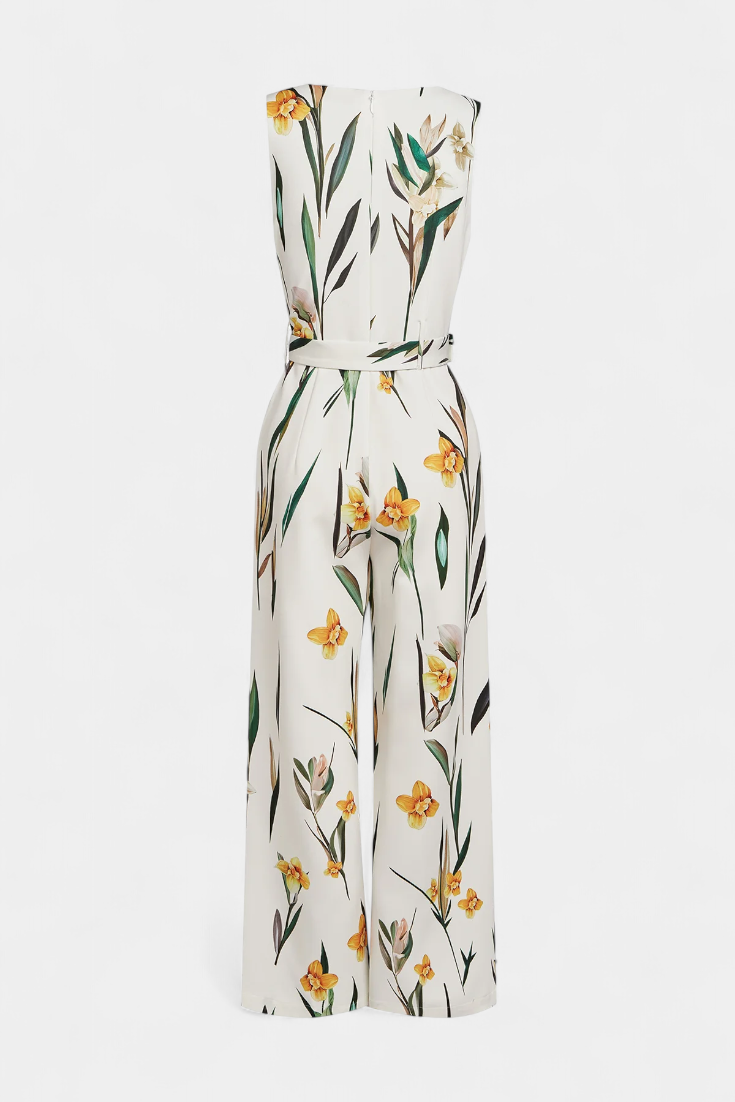 Slara™ -  White V-Neck Jumpsuit with Belted Waist