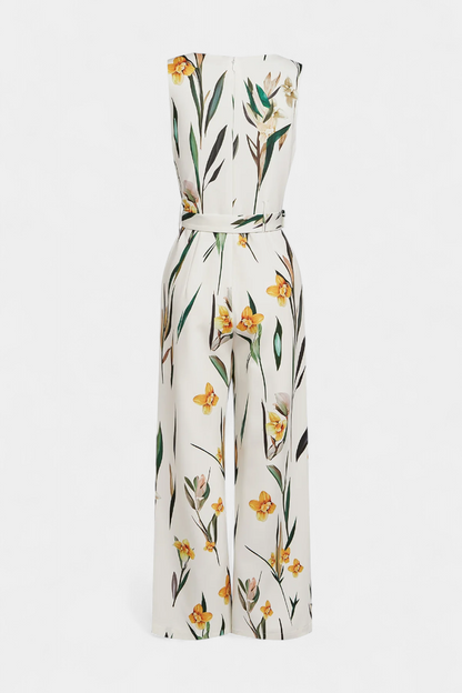 Slara™ -  White V-Neck Jumpsuit with Belted Waist