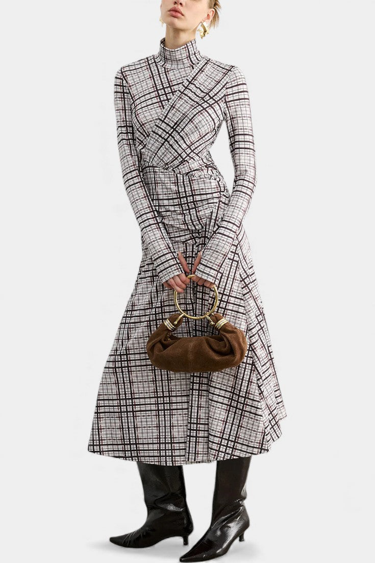 Checked Velleda Maxi Dress with High Collar and Long Sleeves