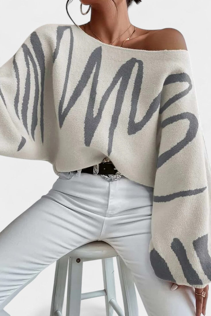 Gabrielle Oversized Off-Shoulder Abstract Striped Pullover