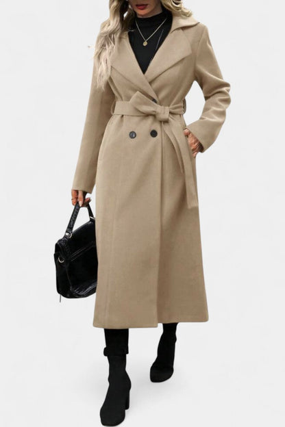 Mélissandre Double-Breasted Long Coat with Notched Collar and Check Pattern