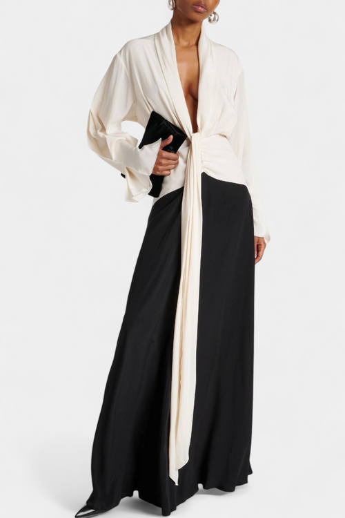 Slyune Two-Tone Long Sleeve Maxi Dress with Deep V-Neck