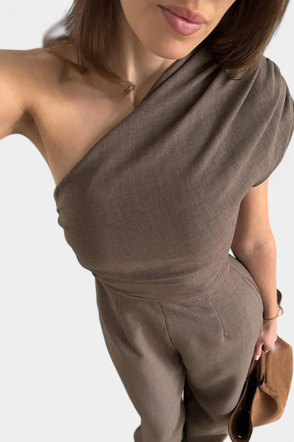 Asymmetrical™ -  One-Shoulder Jumpsuit with Ruched Accents in Magnolia