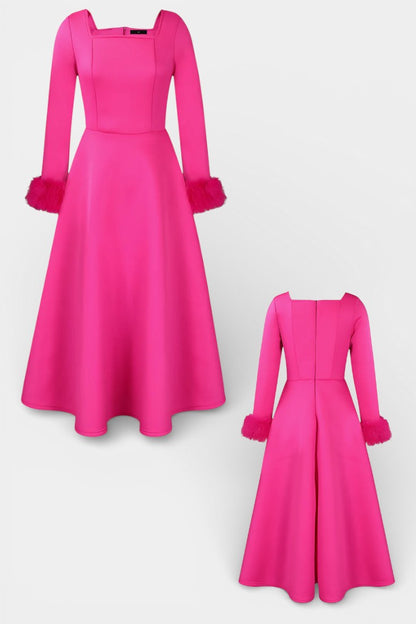 Alicia Square Neck Flared Dress with Patchwork Faux Fur Sleeves