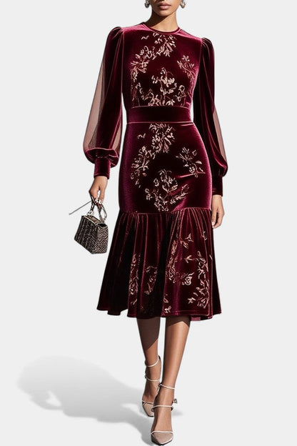 Mavluda Puff Sleeve Midi Mermaid Dress with Round Neck