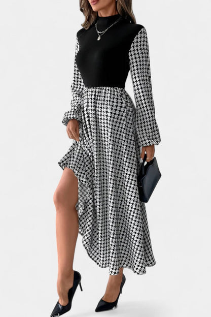 Houndstooth Midi Flared Dress with High Collar by Lauriane