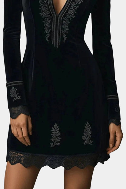 Pharélia Velvet Dress with Deep V-Neck and Embroidery