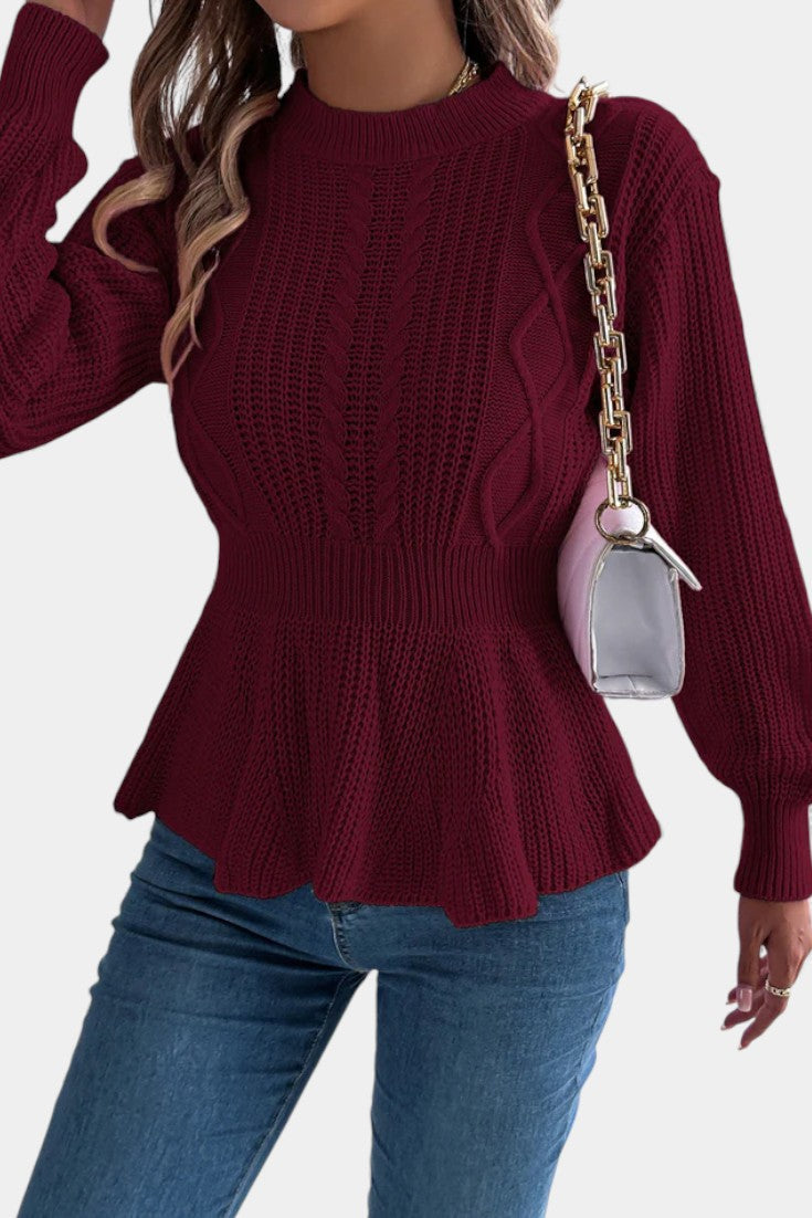 Alix Round Neck Peplum Sweater with Twisted Knit Design