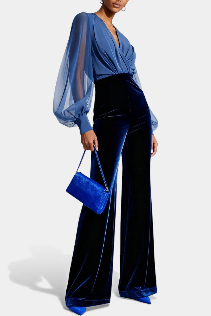 Mikaella™ - V-Neck Blue Velvet Jumpsuit with Long Sleeves