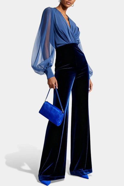 Mikaella™ - V-Neck Blue Velvet Jumpsuit with Long Sleeves