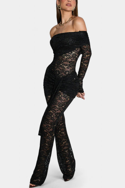 Maristella™ -  Bardot Set: Sheer Lace Top with Ruffled Mini Skirt
