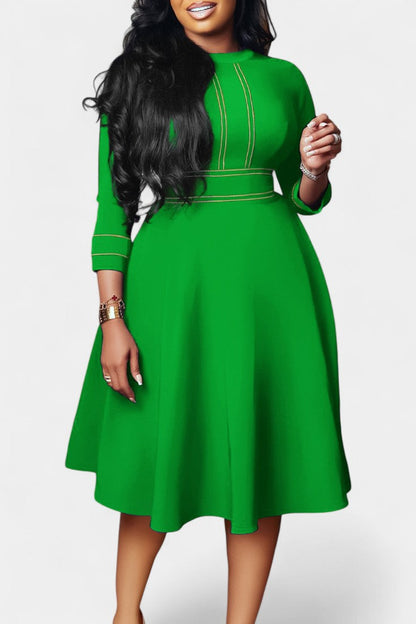 Chantal Midi Flared Dress Featuring Round Neck and 3/4 Sleeves