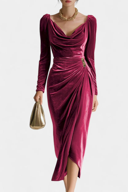 Chérane Velvet Midi Dress with Ruffled Neckline and Tulip Hem