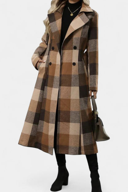 Mélissandre Double-Breasted Long Coat with Notched Collar and Check Pattern