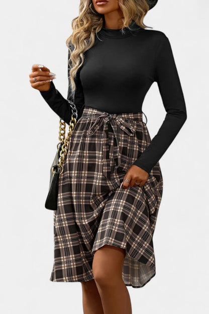 Orlane High-Collar A-Line Dress in Patchwork Check with Long Sleeves