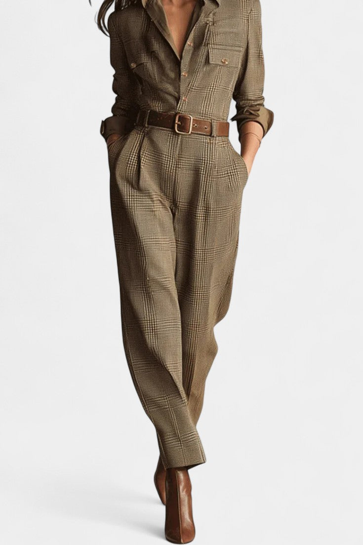 Cali™ - Brown Checkered Tweed Jumpsuit with Adjustable Belt