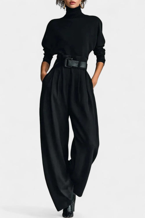 Erisen Black High-Collar Ensemble with Straight-Leg Trousers
