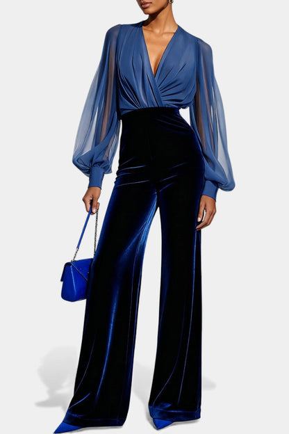 Mikaella™ - V-Neck Blue Velvet Jumpsuit with Long Sleeves