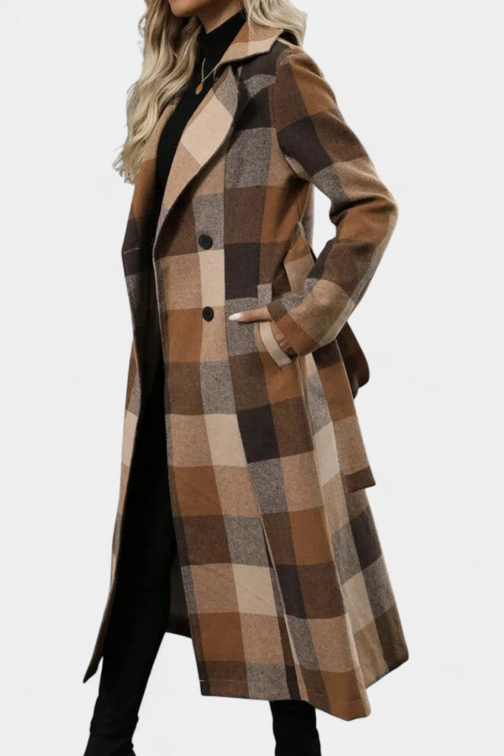 Mélissandre Double-Breasted Long Coat with Notched Collar and Check Pattern